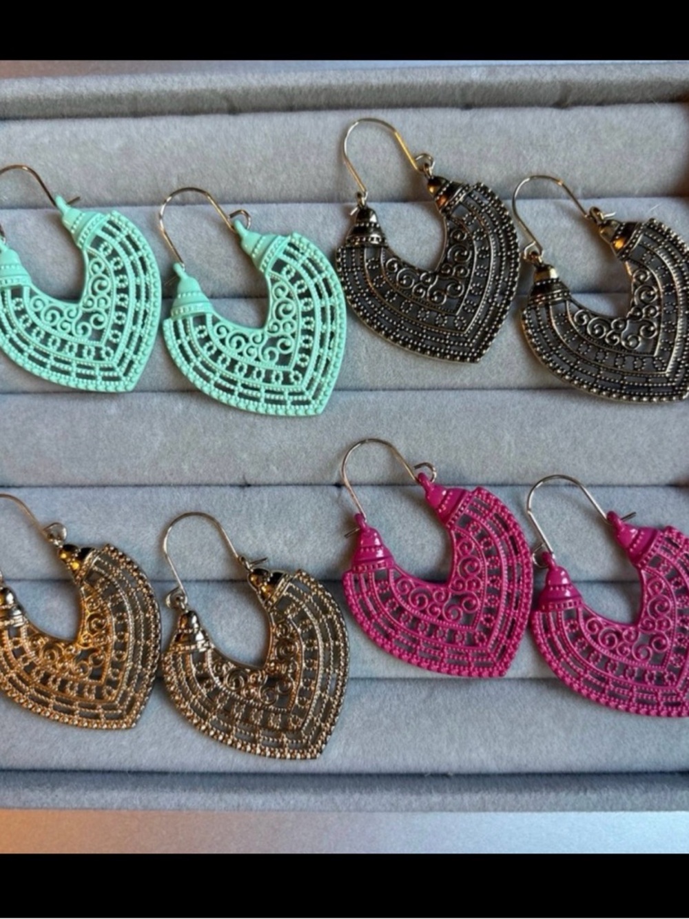 Handcrafted Filigree Heart Drop Earrings - Mint, Gold, Hot Pink